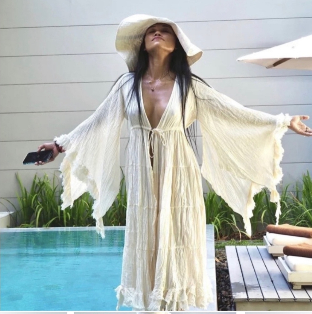 Boho Maxi Dress Cover-Up in Cream with Flowing Bell Sleeves